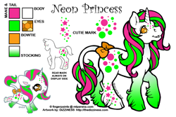 Size: 600x400 | Tagged: safe, artist:dizziness, imported from derpibooru, oc, oc only, oc:neon princess, pony, twinkle eyed pony, unicorn, 2010, bow, chibi, cloven hooves, color palette, commission, female, freckles, g1, gem eyes, gradient legs, horn, leonine tail, mare, mlp arena, neon, open mouth, open smile, raised hoof, reference sheet, simple background, smiling, solo, tail, tail bow, twinkle eyed pony oc, unicorn oc, white background