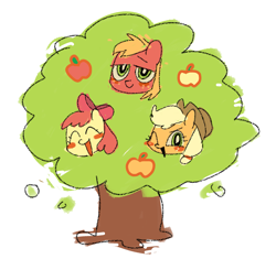 Size: 2445x2297 | Tagged: safe, artist:xiaokuai43197, imported from derpibooru, apple bloom, applejack, big macintosh, earth pony, pony, apple, apple siblings, apple sisters, blushing, brother and sister, female, filly, foal, food, looking at you, male, mare, one eye closed, open mouth, siblings, simple background, sisters, smiling, stallion, tree, white background, wink