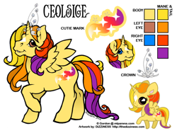 Size: 600x450 | Tagged: safe, artist:dizziness, imported from derpibooru, oc, oc only, oc:ceolsige, alicorn, pony, 2010, alicorn oc, chibi, coat markings, color palette, commission, crown, facial markings, female, g1, heterochromia, horn, jewelry, mare, mlp arena, raised hoof, reference sheet, regalia, simple background, solo, standing, star (coat marking), white background, wings