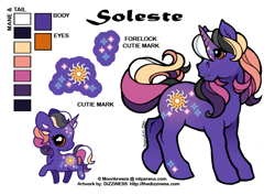 Size: 600x425 | Tagged: safe, artist:dizziness, imported from derpibooru, oc, oc only, oc:soleste, pony, unicorn, 2010, chibi, color palette, commission, female, g1, horn, looking back, mare, mlp arena, orange eyes, raised hoof, reference sheet, simple background, solo, unicorn oc, white background