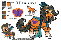 Size: 600x408 | Tagged: safe, artist:dizziness, imported from derpibooru, oc, oc only, oc:haalima, big cat, hybrid, original species, pony, tiger, 2010, chibi, clothes, color palette, colored ears, colored hooves, commission, ear piercing, earring, feather, female, g1, gradient legs, jewelry, leonine tail, mare, mlp arena, piercing, raised hoof, reference sheet, simple background, solo, stripes, tail, tiger pony, unshorn fetlocks, white background