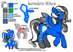 Size: 600x425 | Tagged: safe, artist:dizziness, imported from derpibooru, oc, oc only, oc:london kites, pegasus, pony, 2010, chibi, clothes, color palette, colored wings, commission, corset, eyeshadow, female, g1, gradient legs, gradient muzzle, gradient wings, makeup, mare, mlp arena, pegasus oc, raised hoof, reference sheet, simple background, solo, spread wings, white background, wings