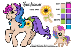 Size: 600x400 | Tagged: safe, artist:dizziness, imported from derpibooru, oc, oc only, oc:sunflower (sourdoughstomper), earth pony, pony, 2010, bow, chibi, color palette, commission, earth pony oc, female, g1, mare, mlp arena, raised hoof, reference sheet, simple background, solo, tail, tail bow, turned head, white background