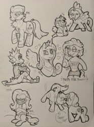 Size: 2879x3868 | Tagged: safe, artist:dsstoner, imported from derpibooru, carrot top, derpy hooves, fluttershy, golden harvest, pinkie pie, princess cadance, spike, twilight sparkle, anthro, .mov, fallout equestria, shed.mov, bondage, clothes, drink, drinking, drunk, flying, hoodie, makeup, muzzle, pinkamena diane pie, pony.mov, smoking, straitjacket, traditional art, vulgar