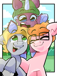 Size: 2304x3072 | Tagged: safe, artist:fraciss, imported from derpibooru, earth pony, pony, unicorn, adopted offspring, cloud, colt, diggy, diggysand, eyes closed, ferris, floppy ears, foal, g5, gay, glasses, hat, hoof heart, horn, looking down, looking up, male, open mouth, open smile, raised hoof, sander, shipping, signature, smiling, stallion, trio, underhoof, unshorn fetlocks, upside-down hoof heart