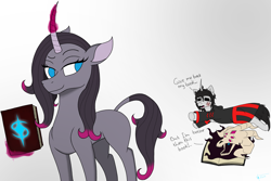 Size: 3000x2000 | Tagged: safe, artist:anix_space, imported from derpibooru, fhtng th§ ¿nsp§kbl, oc, oc:anix, demon, pony, unicorn, them's fightin' herds, book, community related, horn, oleander (tfh)