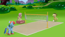 Size: 654x368 | Tagged: safe, imported from derpibooru, screencap, applejack, fluttershy, rainbow dash, earth pony, pegasus, pony, my little pony: pony life, my little pony: stop motion short, volleyball game between rainbow dash and applejack, ><, animated, ball, blowing whistle, cute, eyes closed, gif, puffy cheeks, rainbow dashs coaching whistle, referee, referee fluttershy, sand, scoreboard, shyabetes, sports, volleyball, volleyball net, whistle, whistle necklace, whistle thief