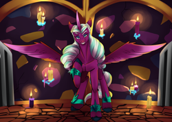 Size: 4961x3508 | Tagged: safe, artist:mekblue, imported from derpibooru, opaline arcana, alicorn, candle, collarbone, commission, dungeon, evil grin, female, g5, gate, grin, indoors, looking at you, magic, mare, opaline's dark castle, smiling, solo, spread wings, sternocleidomastoid, telekinesis, unshorn fetlocks, wings