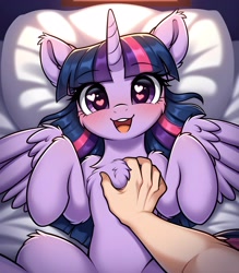 Size: 3320x3792 | Tagged: safe, imported from derpibooru, twilight sparkle, alicorn, human, pony, ai content, ai generated, bed, belly, bellyrubs, blushing, chest fluff, ear fluff, female, fluffy, generator:pony diffusion v6 xl, generator:stable diffusion, hand, heart, heart eyes, high res, horn, human on pony petting, looking at you, lying down, offscreen character, offscreen human, on back, petting, prompter:midnight dashie, sexy, smiling, smiling at you, solo, spread arms, spread legs, spreading, teeth, wingding eyes