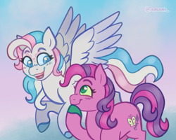 Size: 1215x972 | Tagged: safe, artist:_rarerayy_, imported from derpibooru, skywishes, star catcher, earth pony, pegasus, dancing in the clouds, couple, digital art, duo, duo female, female, g3, happy, mare