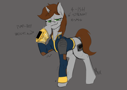 Size: 4961x3508 | Tagged: safe, artist:mekblue, imported from derpibooru, oc, oc:littlepip, unicorn, fallout equestria, clothes, female, horn, jumpsuit, looking at you, mare, pipbuck, smug, solo, sternocleidomastoid, sweat, unicorn oc, vault security armor, vault suit