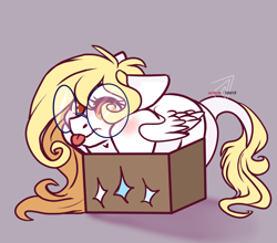 Size: 4608x4064 | Tagged: safe, artist:krissstudios, imported from derpibooru, oc, oc:sally lovely, pegasus, pony, box, female, glasses, gray background, mare, pony in a box, simple background, solo, tongue out