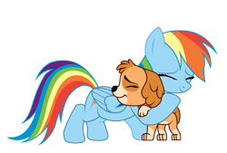 Size: 1478x1002 | Tagged: safe, artist:matiasdiplinlps, imported from derpibooru, rainbow dash, dog, pegasus, pony, cockapoo, crossover, duo, duo female, eyes closed, female, hug, mare, paw patrol, puppy, signature, simple background, skye (paw patrol), smiling, transparent background