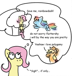 Size: 686x726 | Tagged: safe, artist:zoeyhorse, imported from derpibooru, applejack, fluttershy, rainbow dash, earth pony, pegasus, pony, appledash, appleshy, bust, comic, dialogue, doodle, female, flutterdash, lesbian, mare, polyamory, shipping, simple background, thought bubble, tree, white background