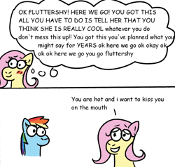 Size: 732x697 | Tagged: safe, artist:zoeyhorse, imported from derpibooru, fluttershy, rainbow dash, pegasus, pony, comic, dialogue, doodle, female, flutterdash, lesbian, mare, shipping, simple background, speech bubble, thought bubble, white background