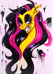 Size: 1492x2048 | Tagged: safe, artist:damon_ekel, imported from derpibooru, fluttershy, pony, angry face, bared teeth, blood, blood on face, bust, ear piercing, emoshy, eyeshadow, industrial piercing, makeup, piercing, solo, torn ear, traditional art