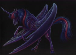 Size: 6797x4883 | Tagged: safe, artist:cahandariella, imported from derpibooru, twilight sparkle, alicorn, monster pony, fanfic:and hell followed, black background, colored pencil drawing, covered eyes, fanfic art, female, full body, horror, large wings, mare, simple background, solo, traditional art, twilight sparkle (alicorn), wings