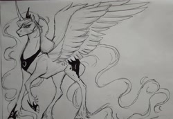 Size: 3353x2303 | Tagged: safe, artist:damon_ekel, imported from derpibooru, princess luna, alicorn, pony, curved horn, horn, monochrome, sketch, solo, spread wings, traditional art, wings