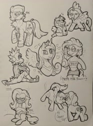 Size: 2879x3868 | Tagged: safe, artist:dsstoner, imported from ponybooru, carrot top, derpy hooves, fluttershy, golden harvest, pinkie pie, princess cadance, spike, twilight sparkle, anthro, .mov, fallout equestria, shed.mov, bondage, clothes, drink, drinking, drunk, flying, gag, hoodie, makeup, muzzle, muzzle gag, pinkamena diane pie, pony.mov, smoking, straitjacket, traditional art, vulgar