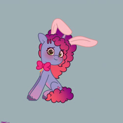 Size: 2480x2480 | Tagged: safe, artist:starburstuwu, imported from derpibooru, pony, unicorn, alice in wonderland, blushing, bowtie, bunny ears, cute, female, g5, high res, horn, light blue background, looking at you, mare, misty brightdawn, mistybetes, rebirth misty, simple background, sitting, smiling, smiling at you, solo, white rabbit