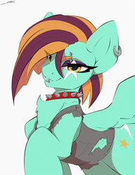 Size: 2300x3000 | Tagged: safe, artist:skitsroom, imported from derpibooru, lightning dust, pegasus, pony, alternate hairstyle, chest fluff, choker, clothes, dyed mane, ear piercing, earring, eye clipping through hair, eyebrow piercing, eyebrows, eyebrows visible through hair, female, high res, jewelry, lidded eyes, lip piercing, looking at you, mare, piercing, simple background, smiling, smiling at you, solo, spiked choker, torn clothes, vest, white background