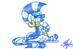 Size: 3600x2400 | Tagged: safe, artist:mannybcadavera, imported from derpibooru, zecora, zebra, butt, female, high res, lidded eyes, looking at you, looking back, looking back at you, mare, open mouth, open smile, plot, signature, simple background, sitting, smiling, smiling at you, solo, white background