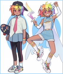 Size: 2480x2909 | Tagged: safe, artist:erinartista, imported from derpibooru, rainbow dash, human, alternate hairstyle, backwards ballcap, baseball cap, belt, cap, clothes, dark skin, female, grin, hat, humanized, leggings, magical girl, magical girl transformation, necktie, shirt, shoes, shorts, simple background, skateboard, skirt, smiling, sneakers, socks, solo, sword, weapon, white background