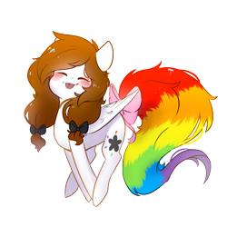 Size: 1000x1000 | Tagged: safe, artist:myralilth, imported from derpibooru, oc, oc only, oc:color splash, pegasus, pony, blushing, bow, cute, eyes closed, female, mare, pigtails, rainbow tail, simple background, solo, tail, tail bow, tongue out, transparent background, twintails