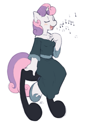 Size: 541x746 | Tagged: safe, artist:ajin, imported from derpibooru, sweetie belle, anthro, unguligrade anthro, unicorn, blushing, breasts, cleavage, clothes, dress, eyes closed, female, hoof shoes, horn, music notes, shoulderless, simple background, singing, sitting, solo, white background