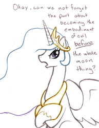 Size: 476x616 | Tagged: safe, artist:ajin, imported from derpibooru, princess celestia, alicorn, pony, annoyed, crossed hooves, dialogue, female, implied princess luna, mare, sitting, solo, to the moon