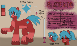 Size: 3394x2030 | Tagged: safe, artist:a.f blade kido, imported from derpibooru, oc, oc:blade kido, earth pony, pony, blue eyes, blue mane, chocolate bar, collar, cutie mark, hooves, messy hair, multicolored coat, ponytail, red coat, reference sheet, sleepy, sword, weapon