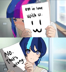 Size: 1080x1169 | Tagged: safe, anonymous artist, edit, imported from derpibooru, dj pon-3, twilight sparkle, vinyl scratch, human, 1000 years in photoshop, hating, meme, ponified meme, prevention, shipping denied