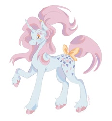 Size: 1279x1377 | Tagged: safe, artist:gothamsfinestdummy, imported from derpibooru, oc, oc only, unnamed oc, pony, unicorn, ambiguous gender, blue coat, bow, colored eyebrows, colored eyelashes, colored hooves, concave belly, horn, long mane, long tail, open mouth, open smile, pink mane, pink tail, ponytail, profile, raised hoof, shiny hooves, signature, simple background, slender, smiling, solo, standing, tail, tail bow, thin, tied mane, unicorn horn, unicorn oc, unshorn fetlocks, white background, wingding eyes, yellow eyes