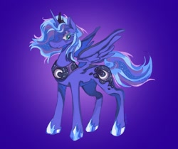 Size: 1450x1217 | Tagged: safe, artist:gothamsfinestdummy, imported from derpibooru, princess luna, alicorn, pony, alternate hair color, alternate hairstyle, alternate tail color, alternate tailstyle, blue coat, blue eyes, colored eyelashes, colored pinnae, crown, ethereal mane, ethereal tail, eyeshadow, female, frown, gradient background, hoof shoes, jewelry, lidded eyes, looking back, makeup, mare, multicolored mane, multicolored tail, partially open wings, peytral, princess shoes, profile, regalia, short mane, solo, sparkly mane, sparkly tail, standing, starry mane, starry tail, tail, tiara, wingding eyes, wings