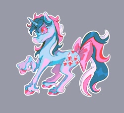 Size: 1382x1263 | Tagged: safe, imported from derpibooru, fizzy, pony, unicorn, alternate design, bow, colored hooves, colored pinnae, female, g1, gem eyes, gray background, horn, leaning back, long mane, long tail, mare, mint coat, multicolored mane, multicolored tail, outline, raised hoof, shiny hooves, signature, simple background, smiling, solo, standing, tail, tail bow, unicorn horn, unshorn fetlocks, wavy mane, wavy tail, wingding eyes