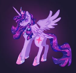 Size: 1374x1327 | Tagged: safe, artist:gothamsfinestdummy, imported from derpibooru, twilight sparkle, alicorn, pony, alternate design, colored eyelashes, crown, ethereal mane, ethereal tail, female, gradient background, hoof shoes, horn, jewelry, long horn, long legs, looking at you, looking back, looking back at you, mare, multicolored mane, multicolored tail, older, older twilight, older twilight sparkle (alicorn), one wing out, partially open wings, peytral, princess shoes, profile, purple coat, purple eyes, redesign, regalia, shiny mane, shiny tail, signature, smiling, solo, sparkly mane, sparkly tail, tail, tiara, twilight sparkle (alicorn), unicorn horn, wavy mane, wavy tail, wingding eyes, wings