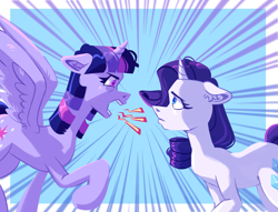Size: 2009x1532 | Tagged: safe, artist:irisikiki, imported from derpibooru, rarity, twilight sparkle, alicorn, pony, unicorn, angry, duo, duo female, emanata, female, floppy ears, furrowed brow, height difference, horn, mare, no dialogue, passepartout, spread wings, twilight sparkle (alicorn), wings, yelling