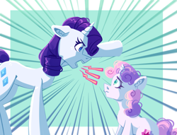 Size: 2009x1532 | Tagged: safe, artist:irisikiki, imported from derpibooru, rarity, sweetie belle, pony, unicorn, angry, belle sisters, duo, duo female, emanata, female, filly, floppy ears, foal, furrowed brow, height difference, horn, mare, no dialogue, passepartout, siblings, sisters, yelling