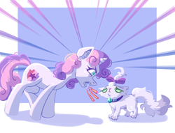 Size: 2009x1532 | Tagged: safe, artist:irisikiki, imported from derpibooru, opalescence, sweetie belle, cat, pony, unicorn, angry, duo, duo female, emanata, female, filly, floppy ears, foal, furrowed brow, height difference, horn, no dialogue, passepartout, yelling