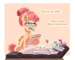 Size: 1845x1467 | Tagged: safe, artist:irisikiki, imported from derpibooru, fluttershy, opalescence, cat, pegasus, pony, alternate hairstyle, border, dialogue, duo, duo female, fainting couch, female, glasses, lying down, mare, mouth hold, notebook, on back, pencil, simple background, therapy, updo, yellow background