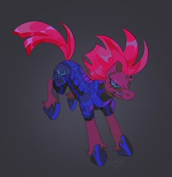 Size: 948x974 | Tagged: safe, alternate version, artist:gothamsfinestdummy, imported from derpibooru, tempest shadow, pony, unicorn, angry, armor, blue eyes, broken horn, eye scar, facial scar, female, frown, gradient background, horn, long mane, long tail, mare, narrowed eyes, pink mane, pink tail, running, scar, scowl, shiny mane, shiny tail, signature, solo, spiky mane, storm guard, tail, teeth, wide stance