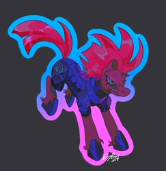 Size: 948x974 | Tagged: safe, alternate version, artist:gothamsfinestdummy, imported from derpibooru, tempest shadow, pony, unicorn, angry, armor, blue eyes, broken horn, eye scar, facial scar, female, frown, gray background, horn, long mane, long tail, mare, narrowed eyes, outline, pink mane, pink tail, running, scar, scowl, shiny mane, shiny tail, signature, simple background, solo, spiky mane, storm guard, tail, teeth, wide stance