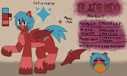 Size: 3394x2030 | Tagged: safe, artist:a.f blade kido, imported from derpibooru, oc, oc:blade kido, bat pony, pony, bat wings, blue eyes, blue mane, collar, cutie mark, eating, fangs, food, happy, mango, multicolored coat, red coat, reference sheet, wings