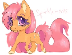 Size: 1700x1300 | Tagged: safe, artist:madisockz, imported from derpibooru, oc, oc only, oc:sparkleworks, earth pony, pony, big eyes, big head, chibi, colored eyebrows, colored eyelashes, colored hooves, colored pinnae, colored sketch, ear fluff, earth pony oc, eye clipping through hair, female, long mane, long tail, looking up, mare, orange coat, pink eyes, pink mane, pink tail, pink text, shiny mane, shiny tail, simple background, sketch, smiling, solo, tail, text, walking, white background, wingding eyes