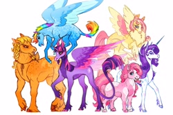 Size: 4096x2732 | Tagged: safe, artist:madisockz, imported from derpibooru, applejack, fluttershy, pinkie pie, rainbow dash, rarity, twilight sparkle, alicorn, earth pony, pegasus, pony, unicorn, alternate color palette, alternate design, alternate eye color, alternate hairstyle, alternate tailstyle, applejack's hat, applejacked, beard, big ears, blaze (coat marking), blonde mane, blue coat, blue eyes, blush sticker, blushing, body freckles, braid, braided ponytail, cheek fluff, chest fluff, chin fluff, chubby, cloven hooves, coat markings, colored belly, colored eartips, colored eyebrows, colored hooves, colored horn, colored muzzle, colored pinnae, colored wings, colored wingtips, concave belly, cowboy hat, curly mane, curly tail, curved horn, dappled, ear fluff, ear tufts, eyeshadow, facial hair, facial markings, female, fetlock tuft, floppy ears, fluffy, flying, freckles, frown, gradient horn, green eyes, group, hat, heart, heart mark, height difference, high res, hooves, horn, impossibly large tail, knee blush, leonine tail, long horn, long legs, long mane, long tail, looking at each other, looking at someone, looking back, makeup, mane six, mare, mealy mouth (coat marking), mohawk, multicolored hair, multicolored hooves, multicolored mane, multicolored tail, multicolored wings, muscles, narrowed eyes, no mouth, open mouth, open smile, orange coat, pale belly, pink coat, pink eyes, pink mane, pink tail, pinto, ponytail, profile, purple coat, purple mane, purple tail, rainbow hair, rainbow tail, raised hoof, raised leg, redesign, sextet, shiny hooves, short hair rainbow dash, short mane, short tail, simple background, smiling, smoldash, sparkly coat, speckled, spread wings, standing, starry coat, straight mane, straight tail, tail, tall ears, thin legs, tied mane, twilight sparkle (alicorn), two toned mane, unicorn beard, unicorn horn, unshorn fetlocks, wall of tags, wavy mane, wavy tail, white background, white coat, wingding eyes, wings, yellow coat