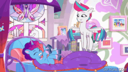 Size: 520x293 | Tagged: safe, imported from derpibooru, screencap, zipp storm, pegasus, pony, unicorn, spoiler:g5, spoiler:my little pony: tell your tale, spoiler:tyts02e00, animated, bed, duo, duo female, female, g5, gif, gifrun.com, horn, jumping, mare, misty brightdawn, my little pony: tell your tale, the blockywockys