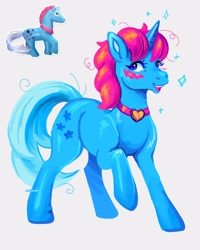 Size: 2400x3000 | Tagged: safe, artist:madisockz, imported from derpibooru, pony, unicorn, ambiguous gender, blue coat, blue eyes, blue tail, blush scribble, blushing, bootleg, choker, colored eyelashes, colored horn, colored pinnae, curly mane, curly tail, heart choker, high res, horn, lineless, long mane, long tail, looking back, messy mane, messy tail, open mouth, open smile, pink mane, raised hoof, shiny coat, shiny horn, signature, simple background, smiling, solo, sparkles, standing, tail, toy interpretation, unicorn horn, white background, wingding eyes