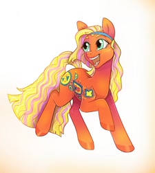 Size: 900x1000 | Tagged: safe, artist:madisockz, imported from derpibooru, sweet notes, earth pony, pony, braces, coat markings, colored eyebrows, colored hooves, curly mane, curly tail, female, g1, gradient background, headband, mare, open mouth, open smile, orange coat, prancing, raised hoof, raised leg, shiny hooves, smiling, tail, teal eyes, teeth, tongue out, toy interpretation, two toned mane, two toned tail, wingding eyes