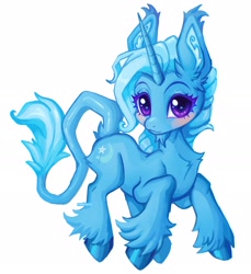 Size: 2400x2618 | Tagged: safe, artist:madisockz, imported from derpibooru, trixie, pony, unicorn, beard, big ears, big eyes, blue coat, blue mane, blue tail, blushing, butt fluff, chest fluff, colored eyelashes, colored hooves, colored pinnae, digital painting, ear fluff, ear tufts, facial hair, female, high res, horn, in air, leonine tail, long horn, long mane, long tail, looking at you, mare, purple eyes, shiny hooves, shiny horn, signature, simple background, smiling, smiling at you, solo, tail, tall ears, unicorn beard, unicorn horn, unshorn fetlocks, wavy mane, white background, wingding eyes