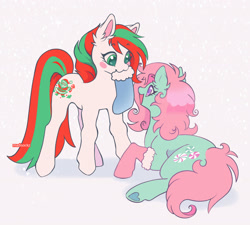 Size: 2048x1840 | Tagged: safe, artist:madisockz, imported from derpibooru, merry treat, minty, earth pony, pony, :3, abstract background, christmas, christmas stocking, colored pnnae, colored underhoof, curly mane, curly tail, duo, duo female, ear fluff, female, g1, g3, green eyes, holiday, hoof heart, long mane, long socks, long tail, looking at each other, looking at someone, lying down, mare, mint coat, mouth hold, open mouth, open smile, pink mane, pink tail, prone, purple eyes, shadow, shiny mane, signature, smiling, smiling at each other, snow, snowfall, standing, sticker blush, tail, two toned mane, two toned tail, underhoof, white coat, wingding eyes